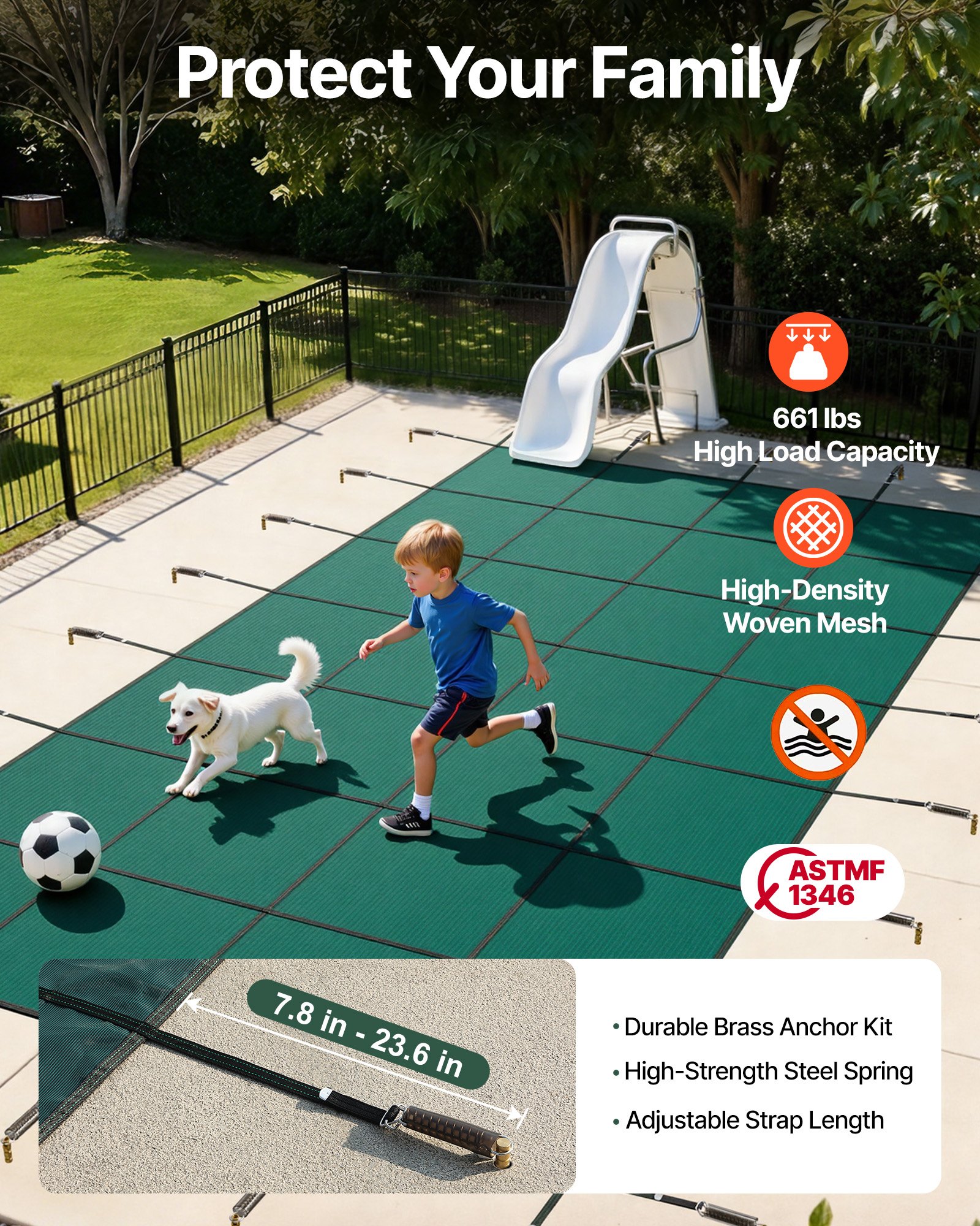 VEVOR Pool Safety Cover Fits 18x36ft Rectangle Inground Pools, Safety Pool Cover with Drainage Holes, Mesh Solid Pool Cover for Swimming Pool, Winter Safety Cover, Green