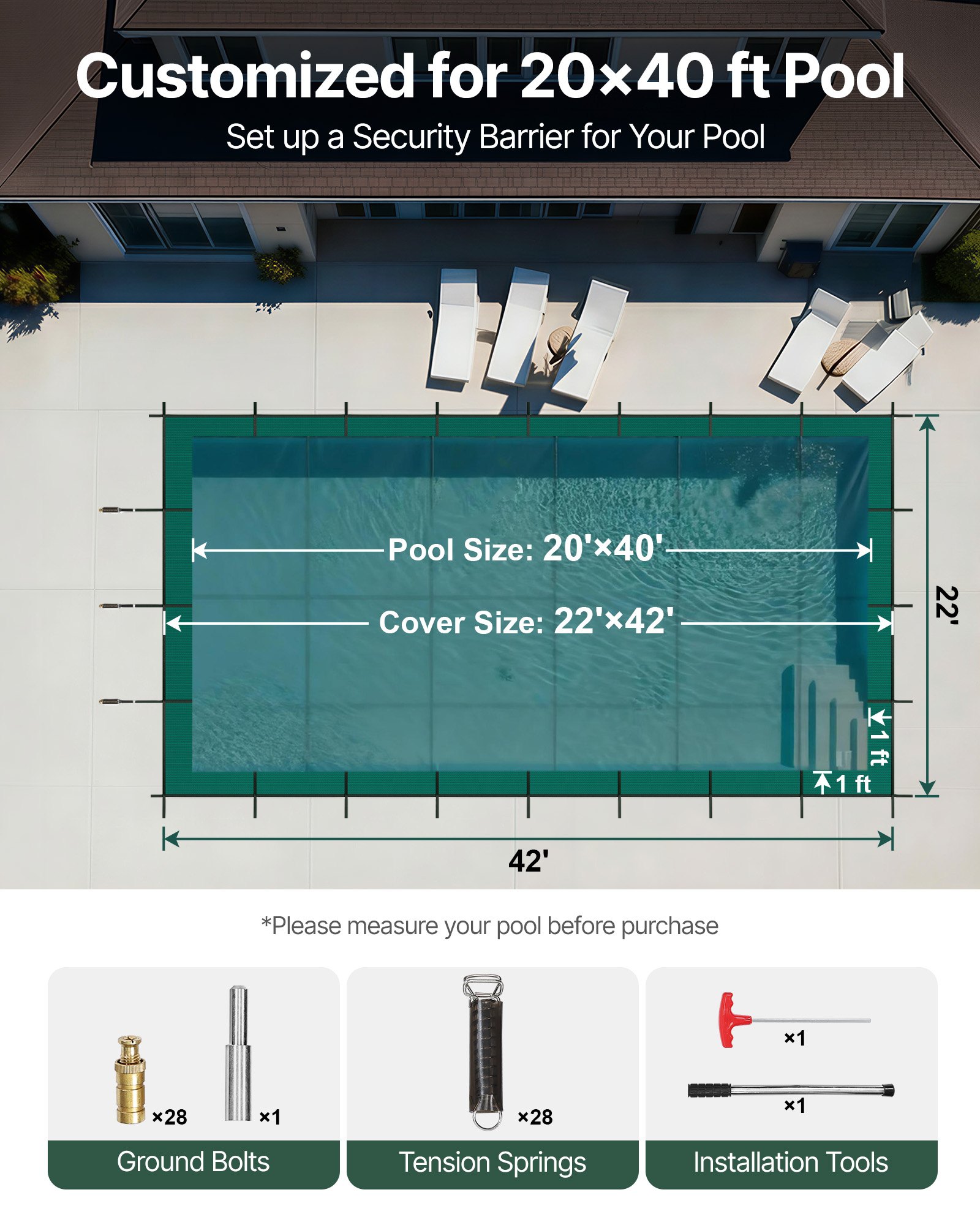 VEVOR Pool Safety Cover Fits 20x40ft Rectangle Inground Pools, Safety Pool Cover with Drainage Holes, Mesh Solid Pool Cover for Swimming Pool, Winter Safety Cover, Green