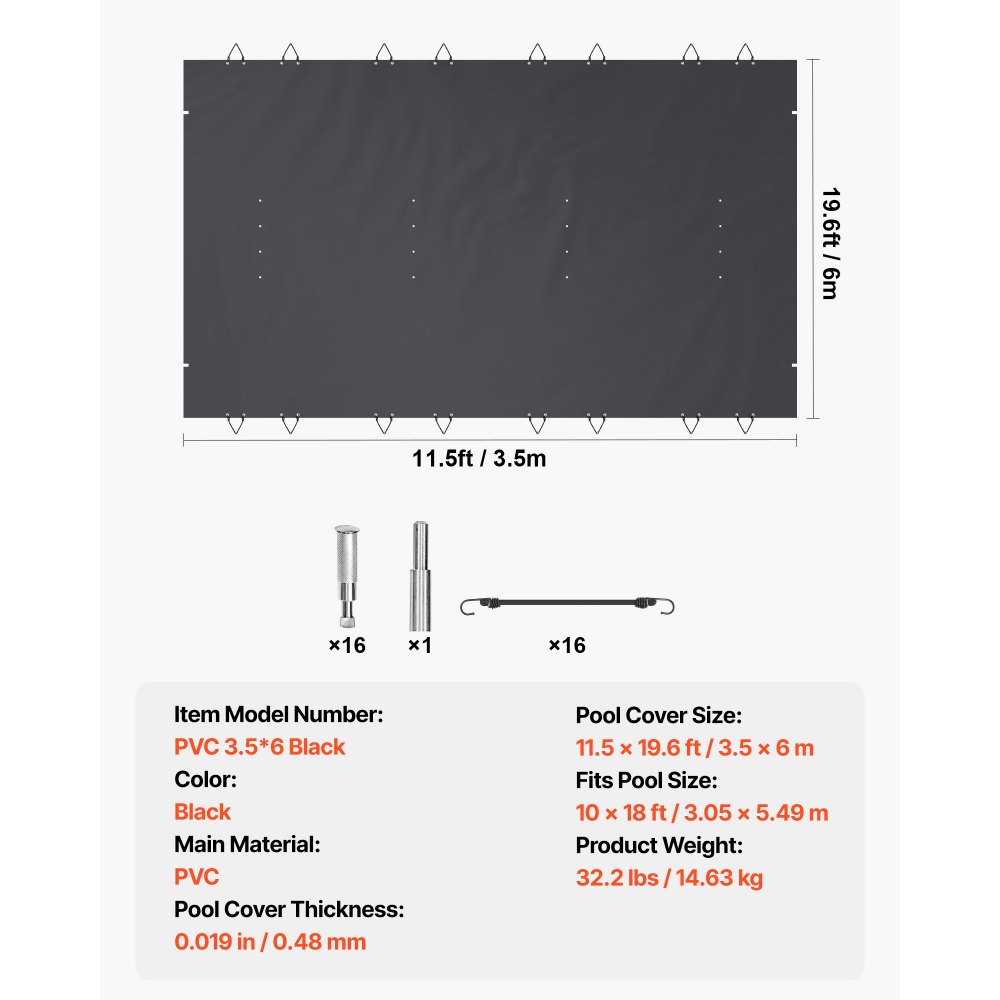 VEVOR Pool Safety Cover Fits 10.5x18.6ft Rectangle Inground Pools, Safety Pool Cover with Drainage Holes, Mesh Pool Cover for Swimming Pool, PVC Winter Safety Cover, Dark Grey