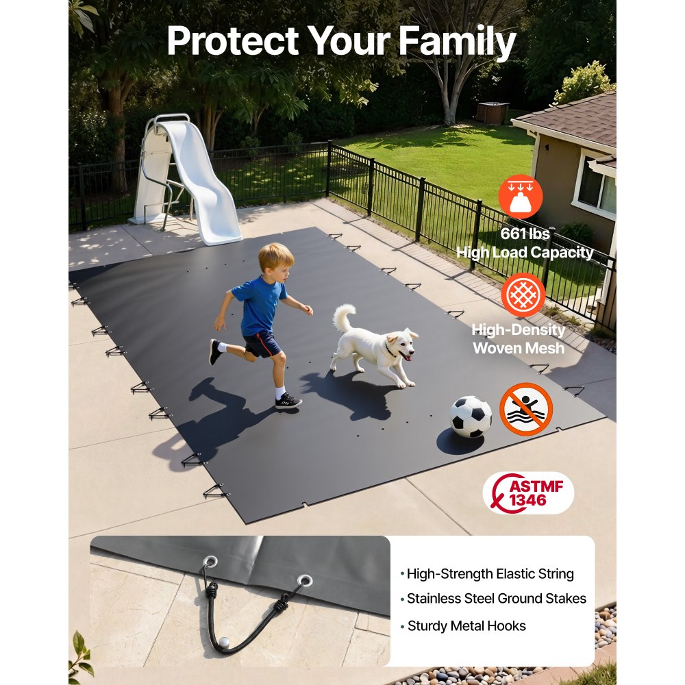 VEVOR Pool Safety Cover Fits 10.5x18.6ft Rectangle Inground Pools, Safety Pool Cover with Drainage Holes, Mesh Pool Cover for Swimming Pool, PVC Winter Safety Cover, Dark Grey