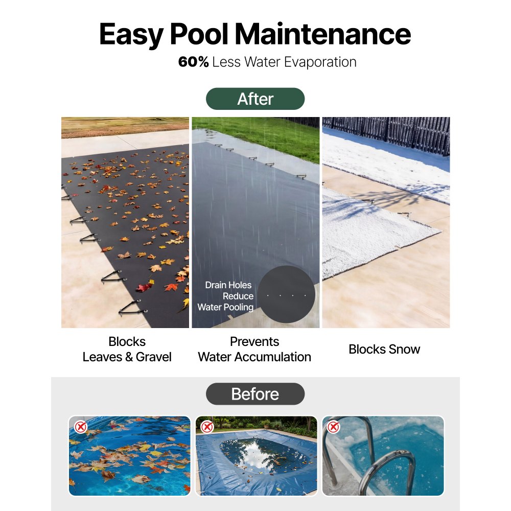 VEVOR Pool Safety Cover Fits 10.5x18.6ft Rectangle Inground Pools, Safety Pool Cover with Drainage Holes, Mesh Pool Cover for Swimming Pool, PVC Winter Safety Cover, Dark Grey