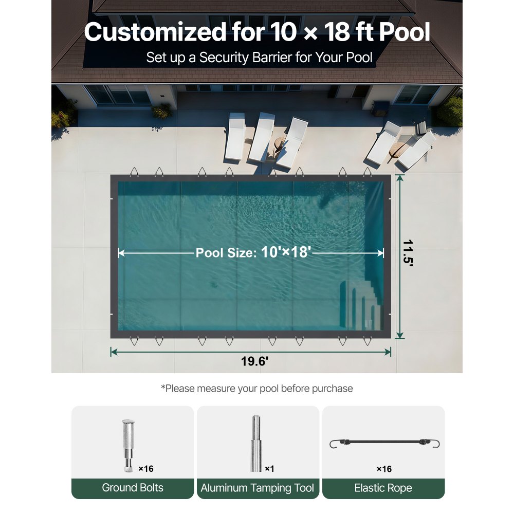 VEVOR Pool Safety Cover Fits 10.5x18.6ft Rectangle Inground Pools, Safety Pool Cover with Drainage Holes, Mesh Pool Cover for Swimming Pool, PVC Winter Safety Cover, Dark Grey