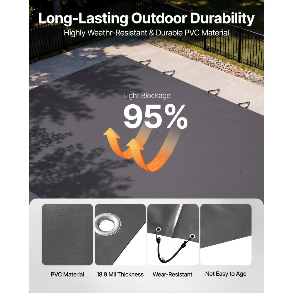 VEVOR Pool Safety Cover Fits 10.5x18.6ft Rectangle Inground Pools, Safety Pool Cover with Drainage Holes, Mesh Pool Cover for Swimming Pool, PVC Winter Safety Cover, Dark Grey