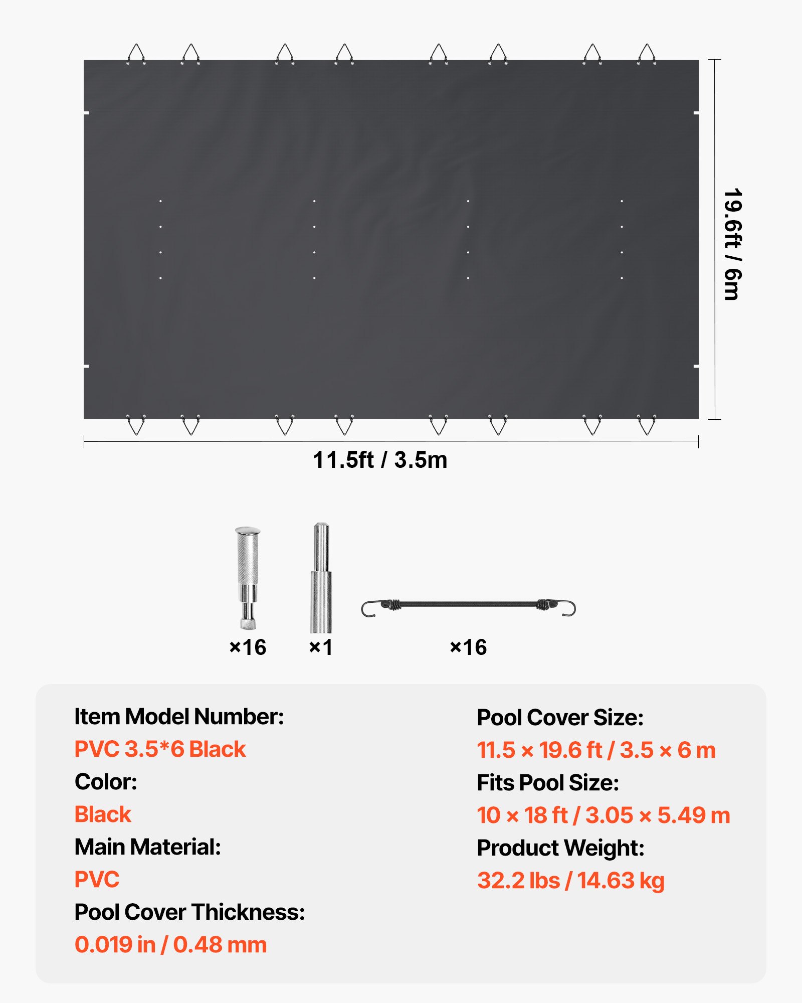 VEVOR Pool Safety Cover Fits 10.5x18.6ft Rectangle Inground Pools, Safety Pool Cover with Drainage Holes, Mesh Pool Cover for Swimming Pool, PVC Winter Safety Cover, Dark Grey