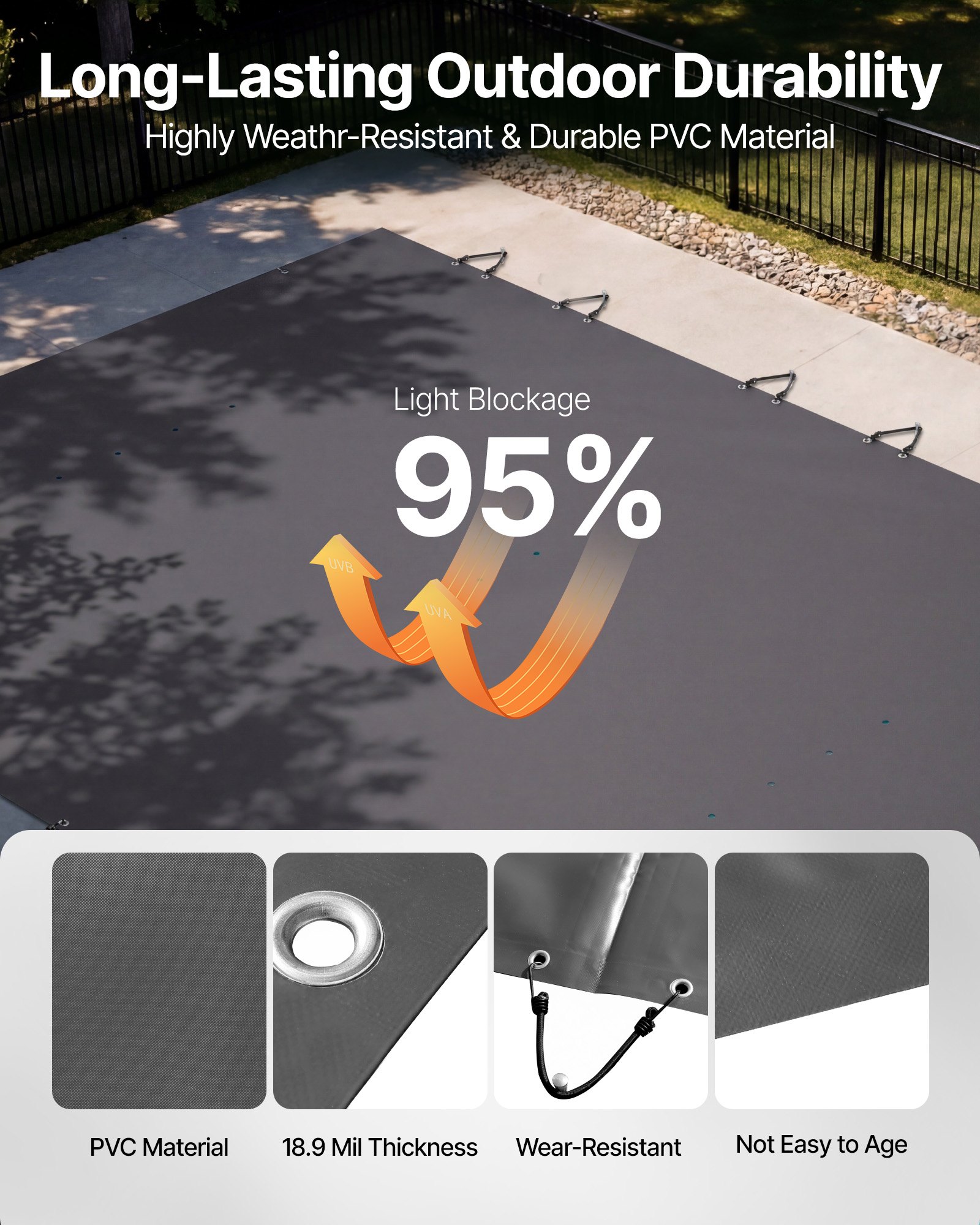 VEVOR Pool Safety Cover Fits 10.5x18.6ft Rectangle Inground Pools, Safety Pool Cover with Drainage Holes, Mesh Pool Cover for Swimming Pool, PVC Winter Safety Cover, Dark Grey