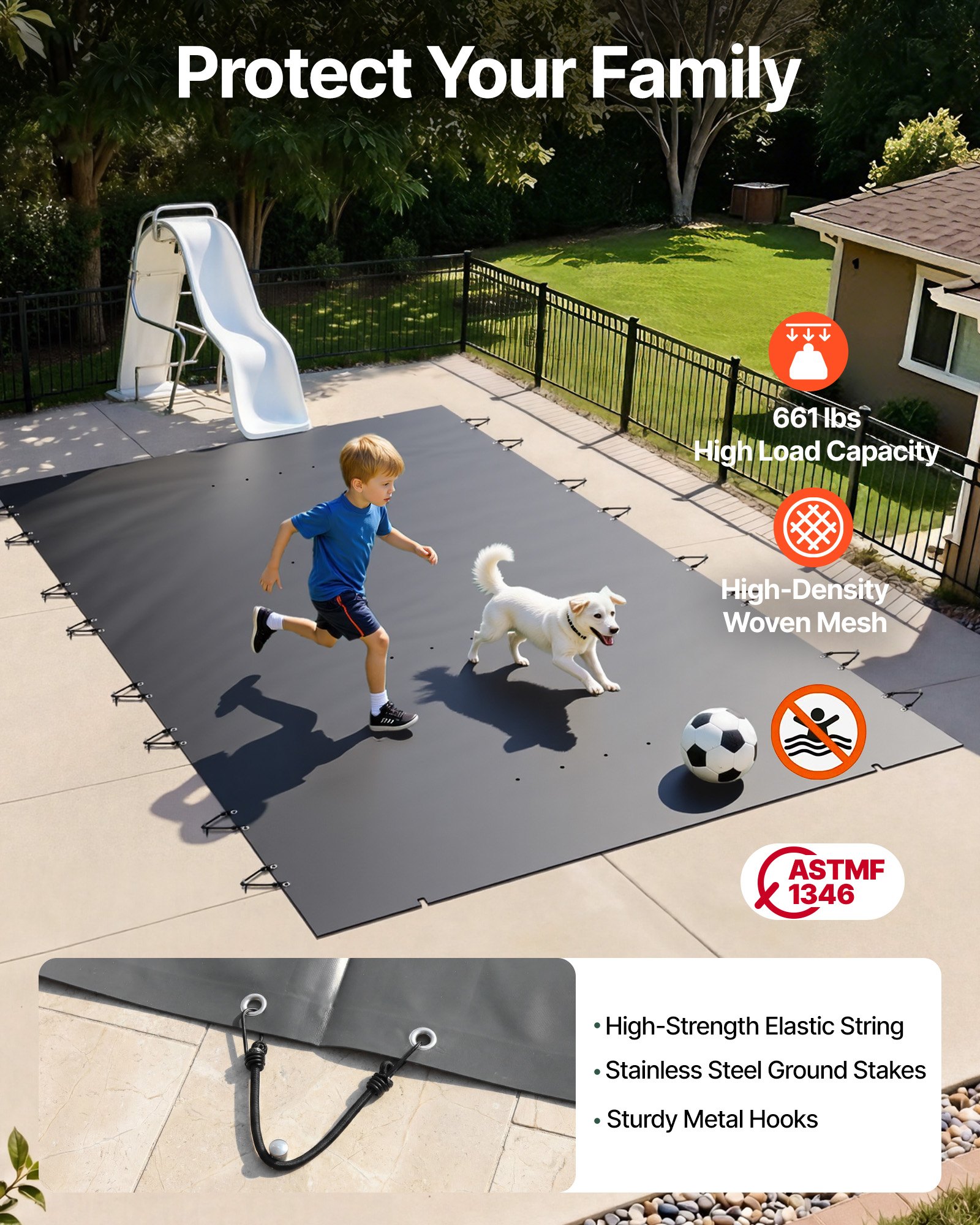 VEVOR Pool Safety Cover Fits 10.5x18.6ft Rectangle Inground Pools, Safety Pool Cover with Drainage Holes, Mesh Pool Cover for Swimming Pool, PVC Winter Safety Cover, Dark Grey