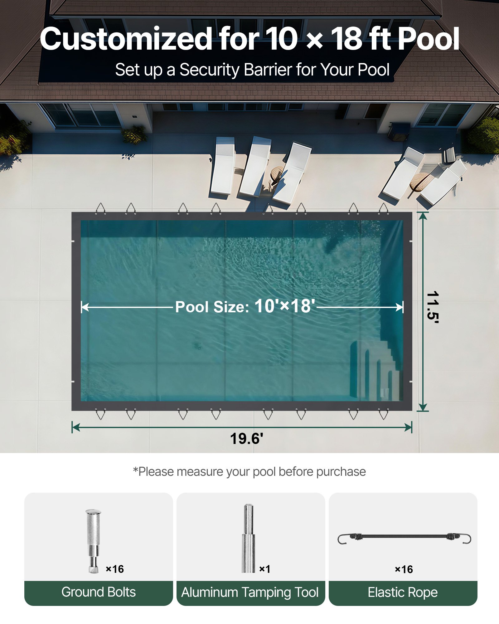 VEVOR Pool Safety Cover Fits 10.5x18.6ft Rectangle Inground Pools, Safety Pool Cover with Drainage Holes, Mesh Pool Cover for Swimming Pool, PVC Winter Safety Cover, Dark Grey