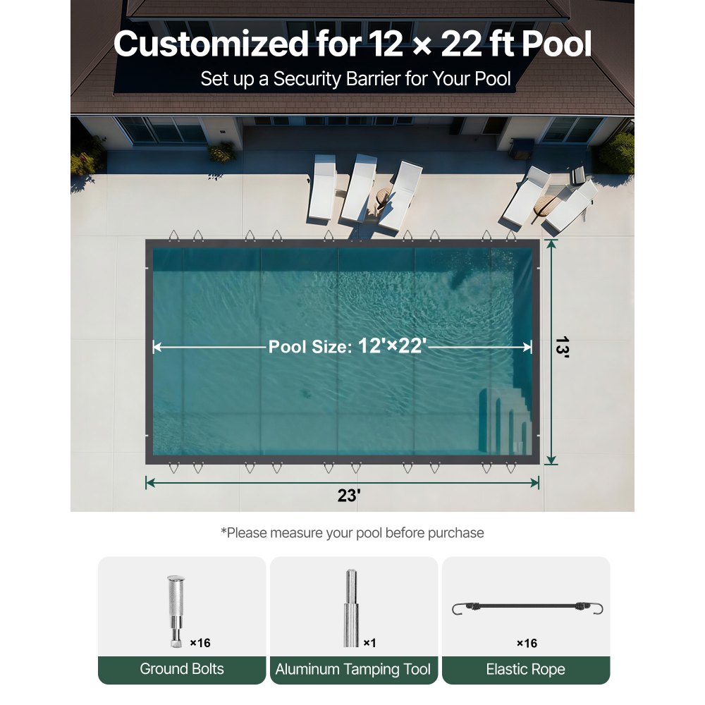 VEVOR Pool Safety Cover, 4x7 m In-ground Pool Cover, Charcoal PVC Pool Covers, Rectangular Safety Pool Cover Winter Pool Cover Solid Safety Pool Cover for Swimming Pool Winter Protection Cover