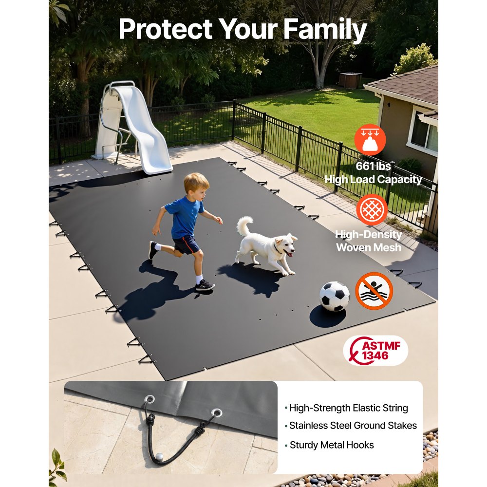 VEVOR Pool Safety Cover, 4x7 m In-ground Pool Cover, Charcoal PVC Pool Covers, Rectangular Safety Pool Cover Winter Pool Cover Solid Safety Pool Cover for Swimming Pool Winter Protection Cover