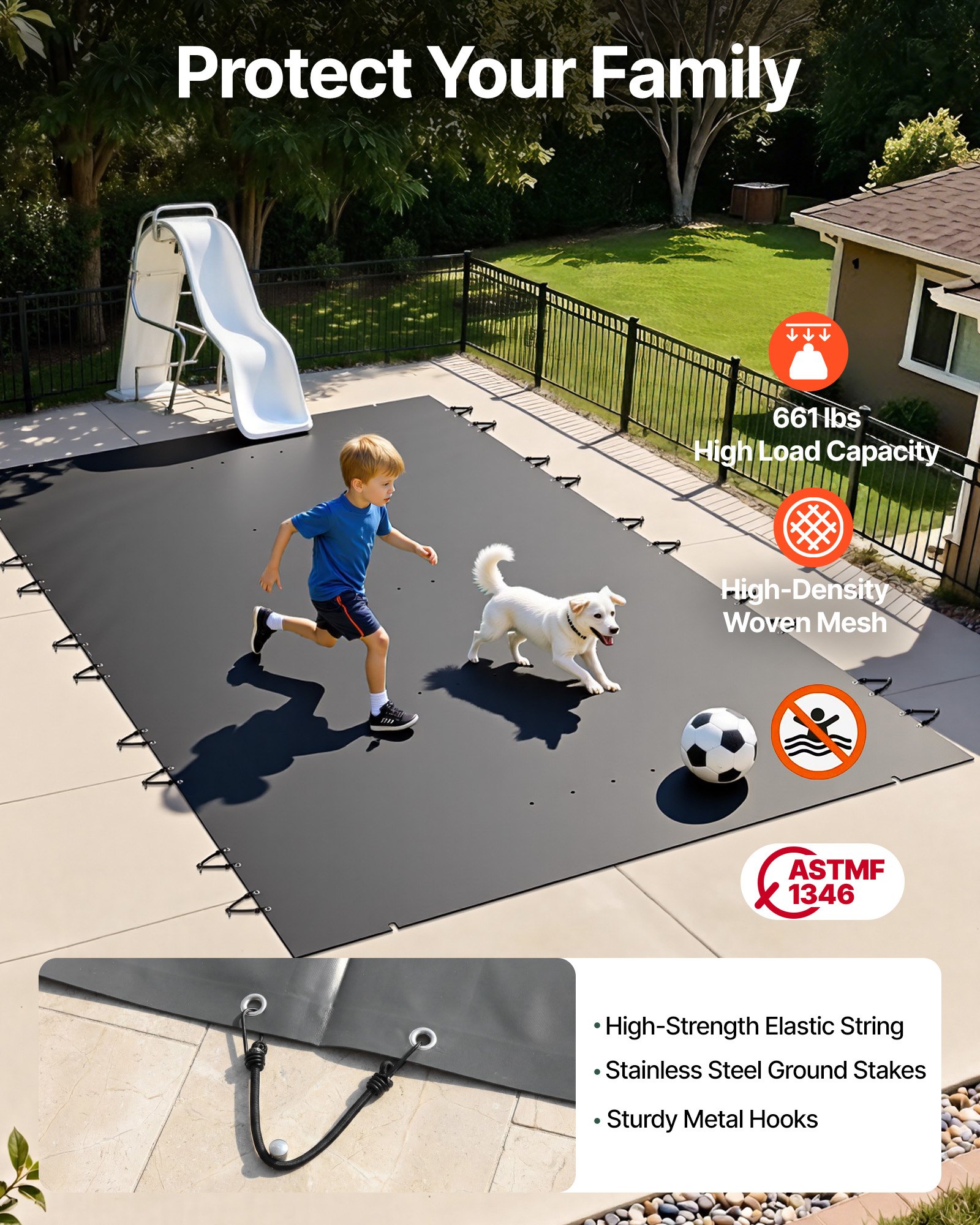 VEVOR Pool Safety Cover, 4x7 m In-ground Pool Cover, Charcoal PVC Pool Covers, Rectangular Safety Pool Cover Winter Pool Cover Solid Safety Pool Cover for Swimming Pool Winter Protection Cover