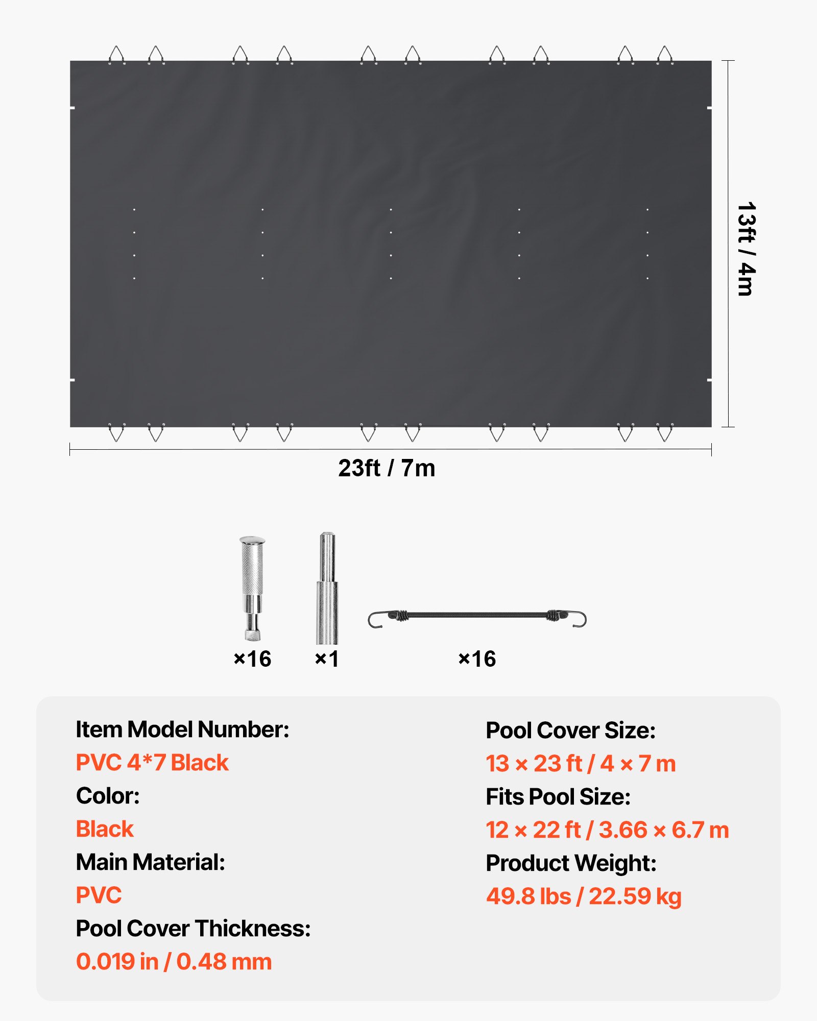 VEVOR Pool Safety Cover, 4x7 m In-ground Pool Cover, Charcoal PVC Pool Covers, Rectangular Safety Pool Cover Winter Pool Cover Solid Safety Pool Cover for Swimming Pool Winter Protection Cover