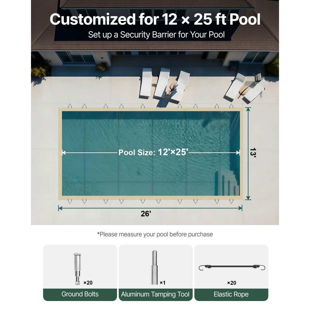 VEVOR Pool Safety Cover Fits 12x25ft Rectangle Inground Pools, Safety Pool Cover with Drainage Holes, Mesh Pool Cover for Swimming Pool, PVC Winter Safety Cover, Beige