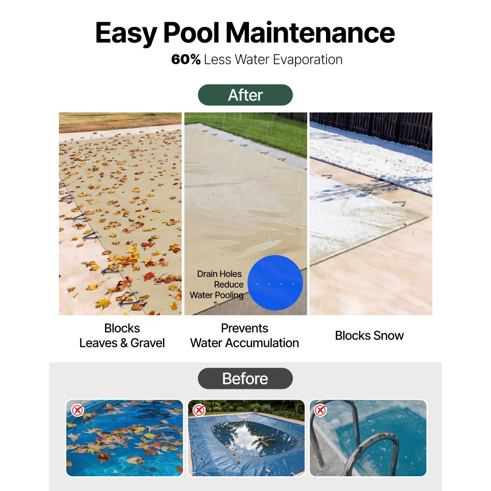 VEVOR Pool Safety Cover Fits 12x25ft Rectangle Inground Pools, Safety Pool Cover with Drainage Holes, Mesh Pool Cover for Swimming Pool, PVC Winter Safety Cover, Beige