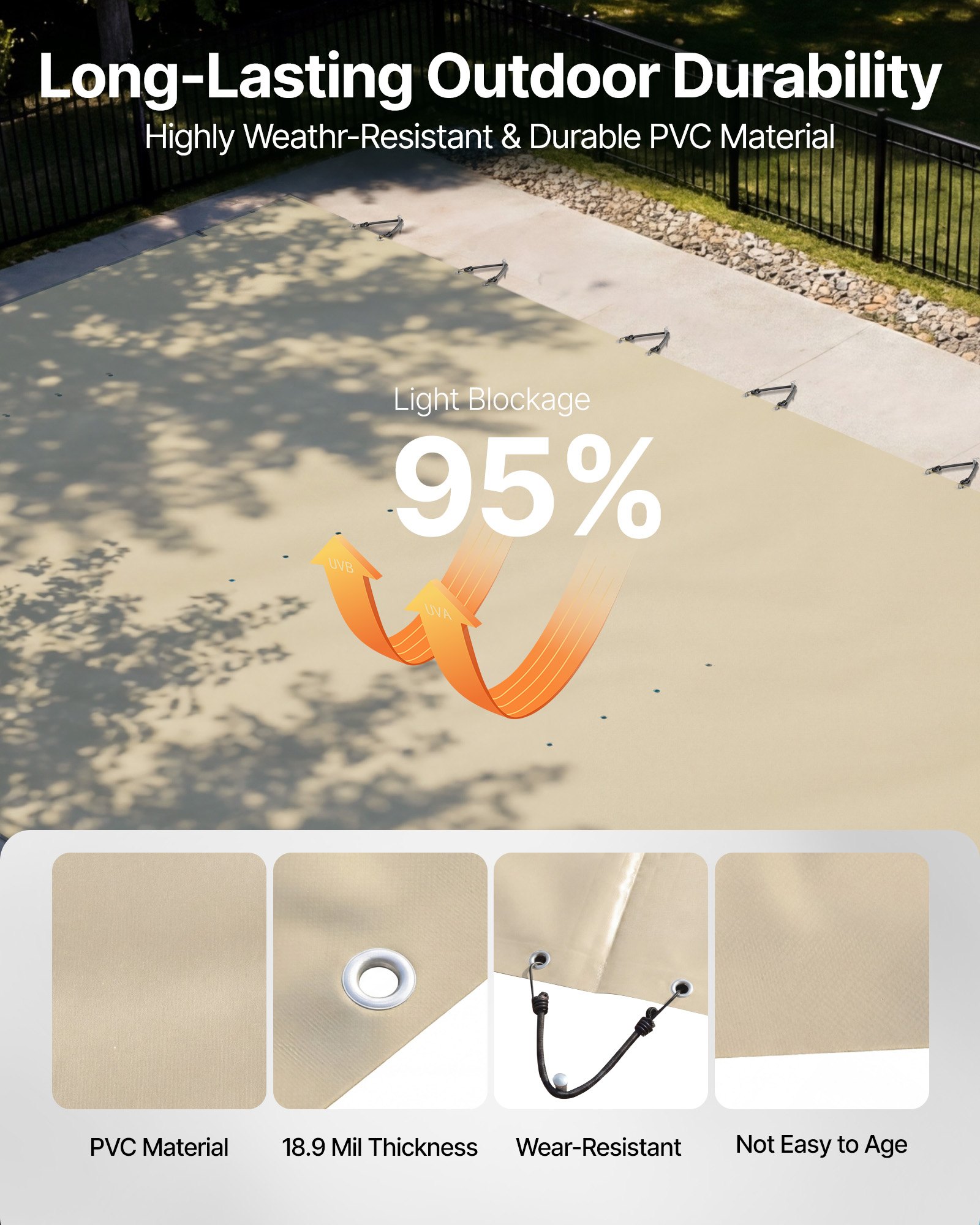 VEVOR Pool Safety Cover Fits 12x25ft Rectangle Inground Pools, Safety Pool Cover with Drainage Holes, Mesh Pool Cover for Swimming Pool, PVC Winter Safety Cover, Beige