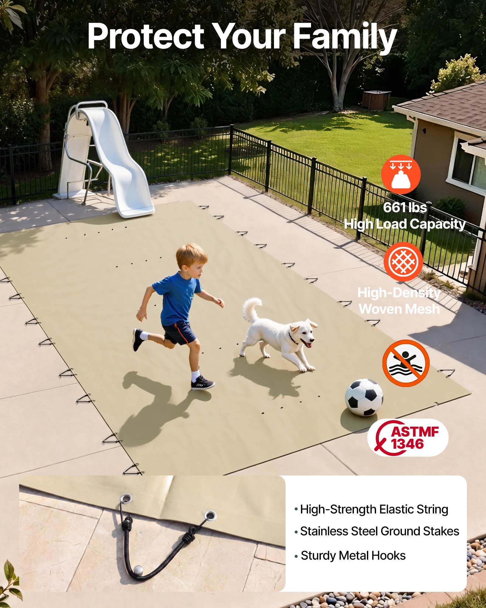 VEVOR Pool Safety Cover Fits 12x25ft Rectangle Inground Pools, Safety Pool Cover with Drainage Holes, Mesh Pool Cover for Swimming Pool, PVC Winter Safety Cover, Beige