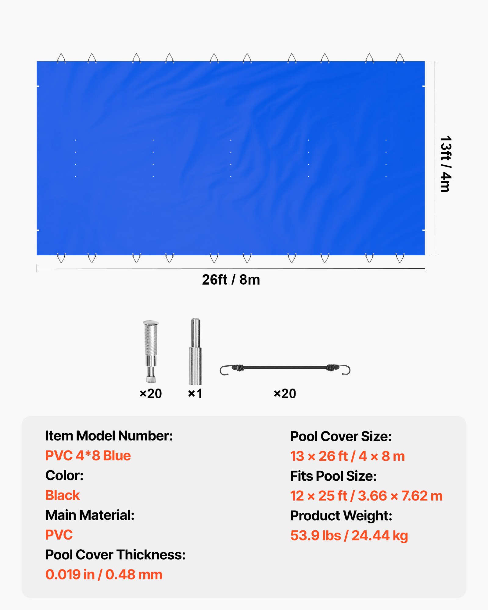 VEVOR Pool Safety Cover, 4 x 8 m In-ground Pool Cover, Blue PVC Pool Covers, Rectangular Safety Pool Cover Winter Pool Cover Solid Safety Pool Cover for Swimming Pool Winter Protection Cover