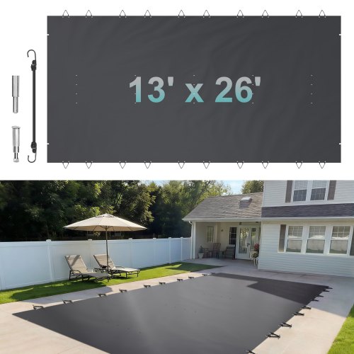 VEVOR Pool Safety Cover, 13x26 ft In-ground Pool Cover, Charcoal In-ground Pool Cover, PVC Pool Covers Rectangular Safety Pool Cover Solid Safety Pool Cover for Swimming Pool Winter Protection Cover