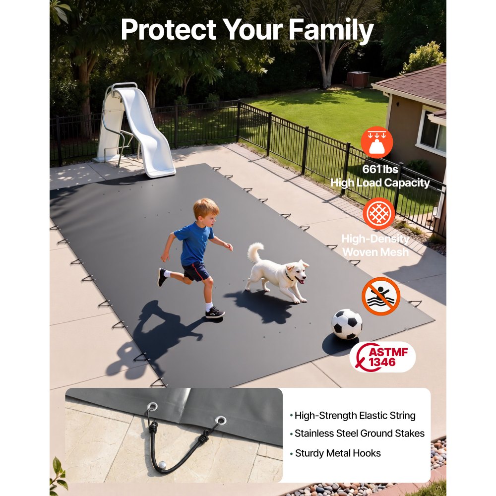 VEVOR Pool Safety Cover Fits 12x25ft Rectangle Inground Pools, Safety Pool Cover with Drainage Holes, Mesh Pool Cover for Swimming Pool, PVC Winter Safety Cover, Dark Grey