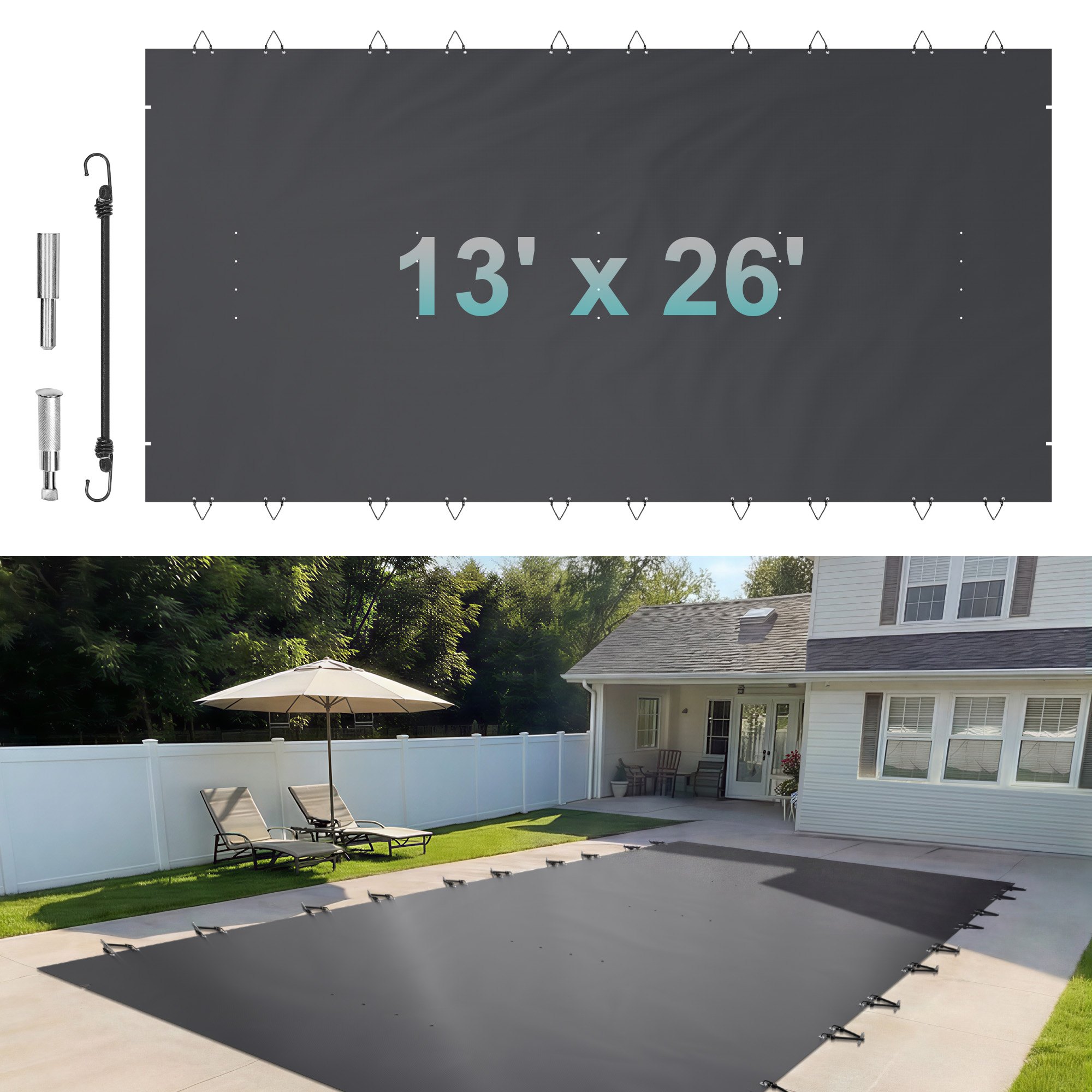 VEVOR Pool Safety Cover, 13x26 ft In-ground Pool Cover, Charcoal In-ground Pool Cover, PVC Pool Covers Rectangular Safety Pool Cover Solid Safety Pool Cover for Swimming Pool Winter Protection Cover