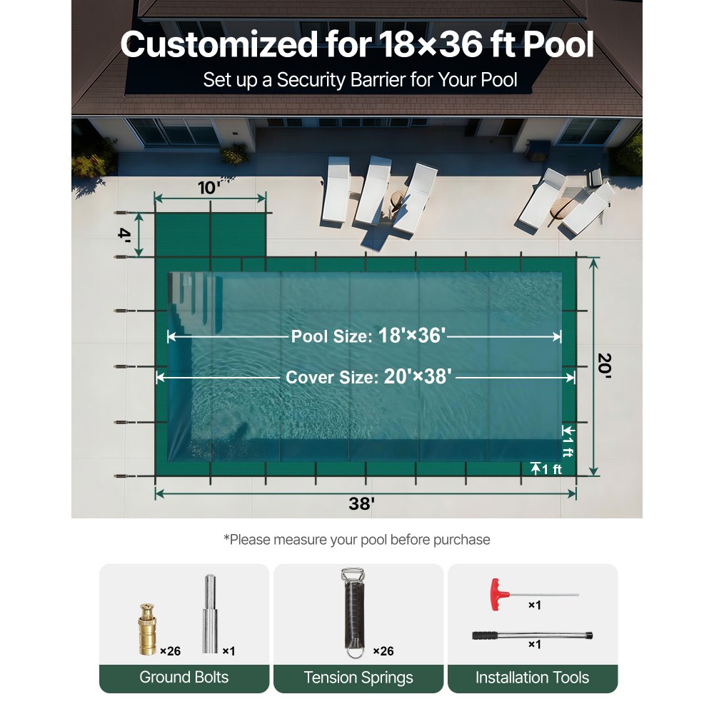VEVOR Inground Pool Safety Cover, 20 ft x 38 ft Rectangular Winter Pool Cover with Right Step, Triple Stitched, High Strength Mesh PP Material, Good Rain Permeability, Installation Hardware Included