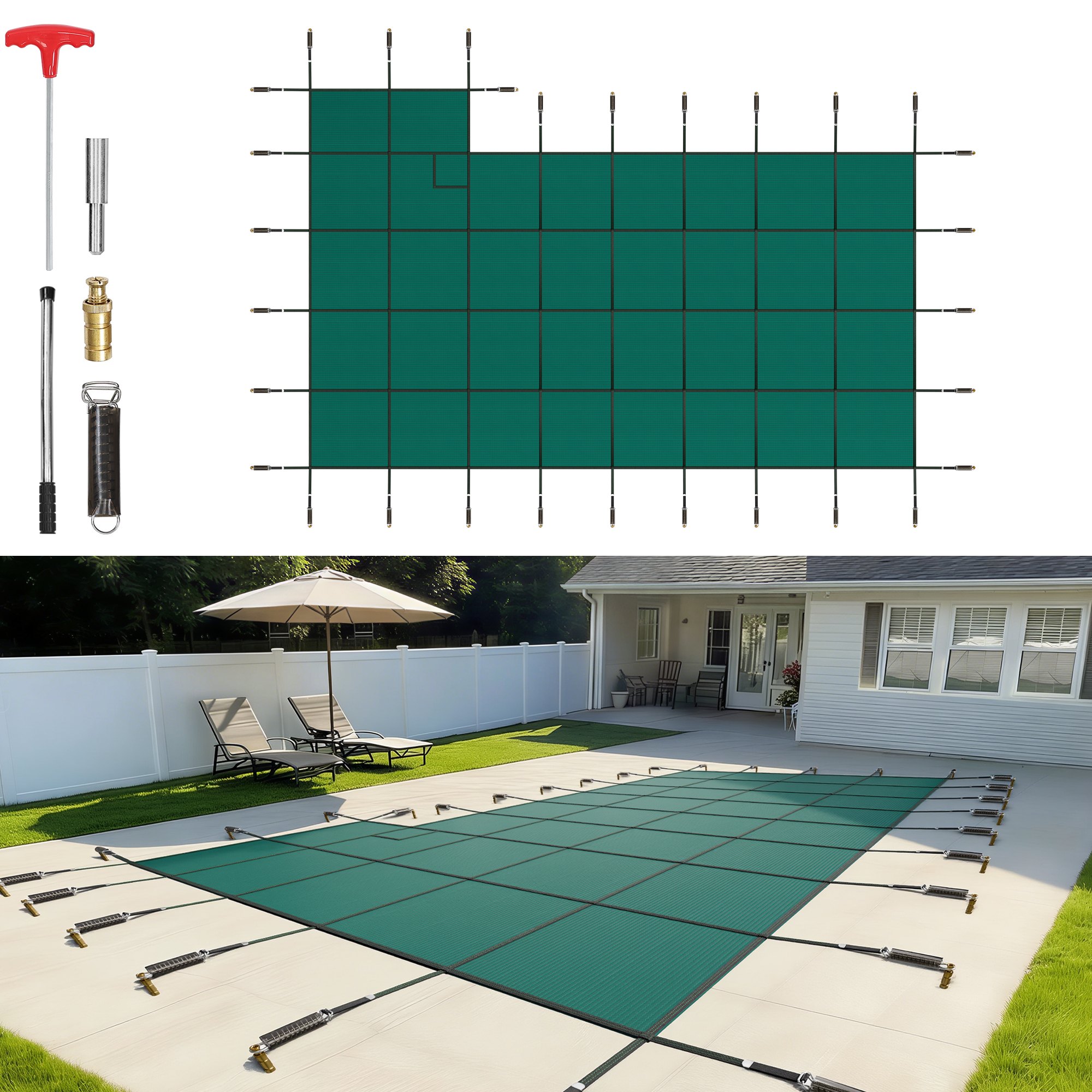 VEVOR Inground Pool Safety Cover, 20 ft x 38 ft Rectangular Winter Pool Cover with Right Step, Triple Stitched, High Strength Mesh PP Material, Good Rain Permeability, Installation Hardware Included
