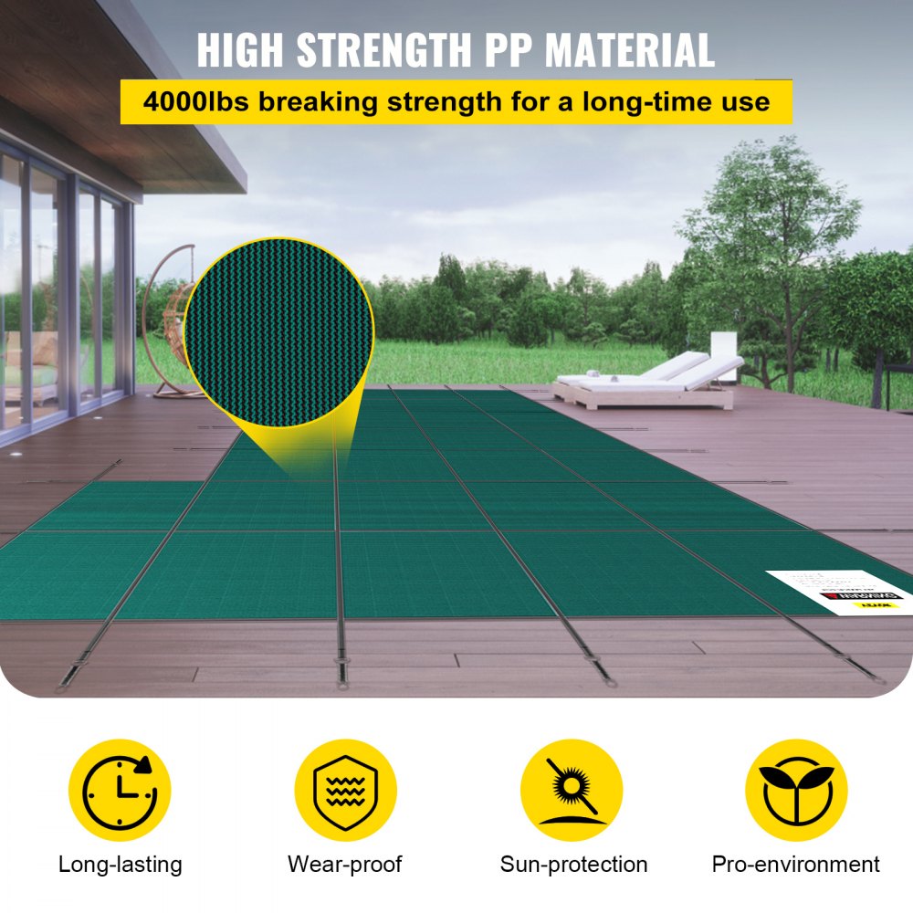 VEVOR pool safety cover on a wooden deck, highlighting high strength pp material and durability features.
