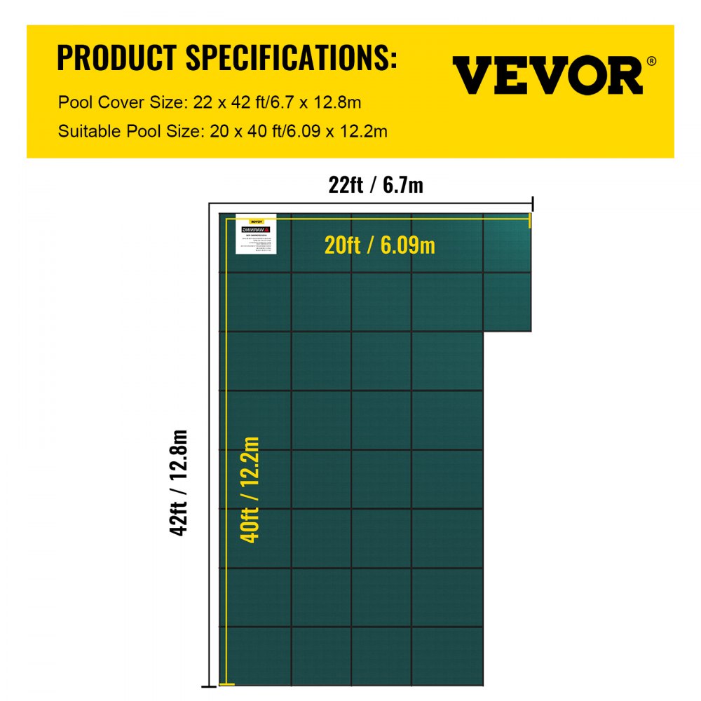 VEVOR pool safety cover dimensions: 22x42ft cover for 20x40ft pool, shown with grid and measurements.