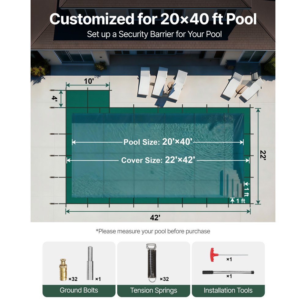 VEVOR Inground Pool Safety Cover, Fits 20 ft x 40 ft Rectangular Winter Pool Cover with Right Step, Triple Stitched, High Strength Mesh PP, Good Rain Permeability, Installation Hardware Included