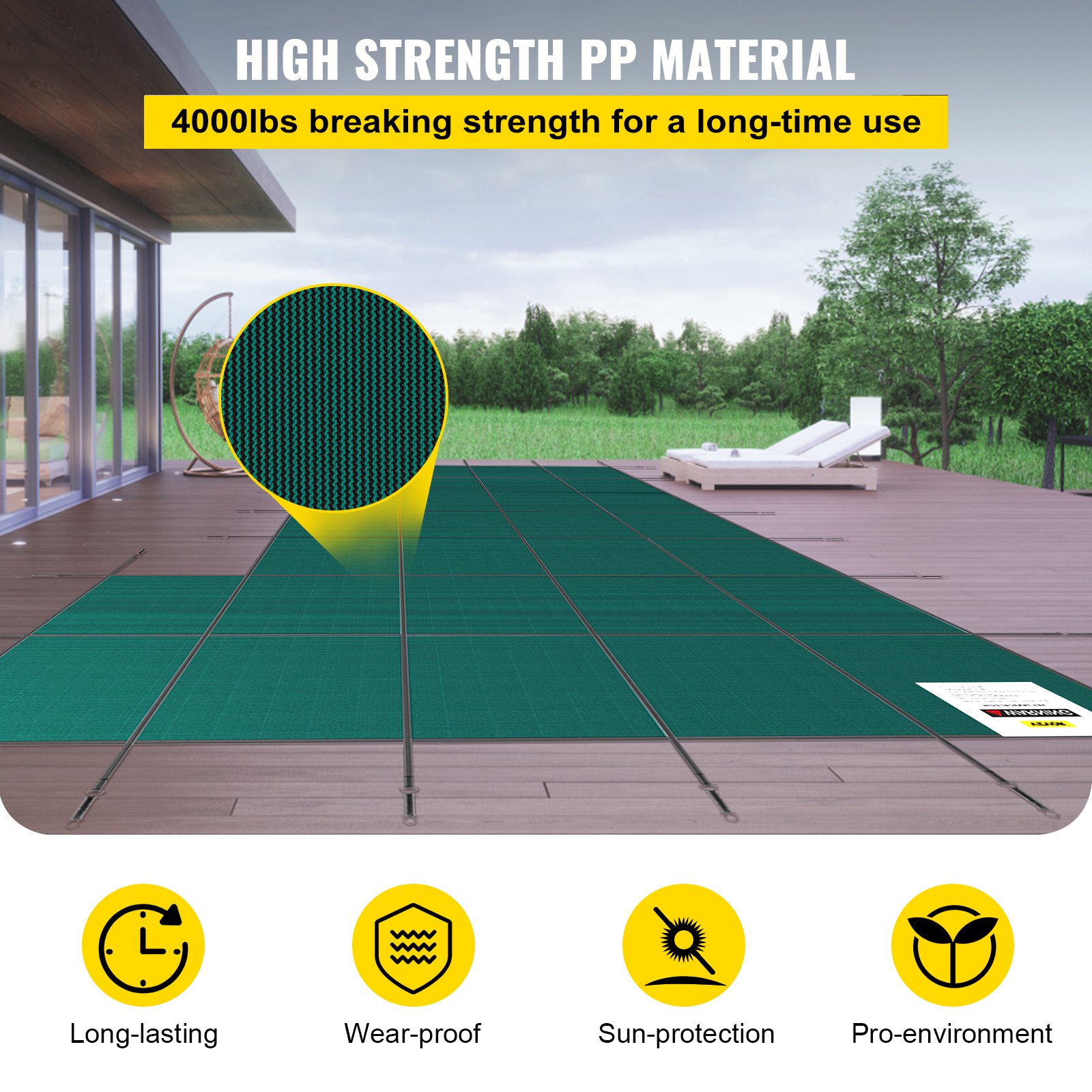 VEVOR pool safety cover on a wooden deck, highlighting high strength pp material and durability features.