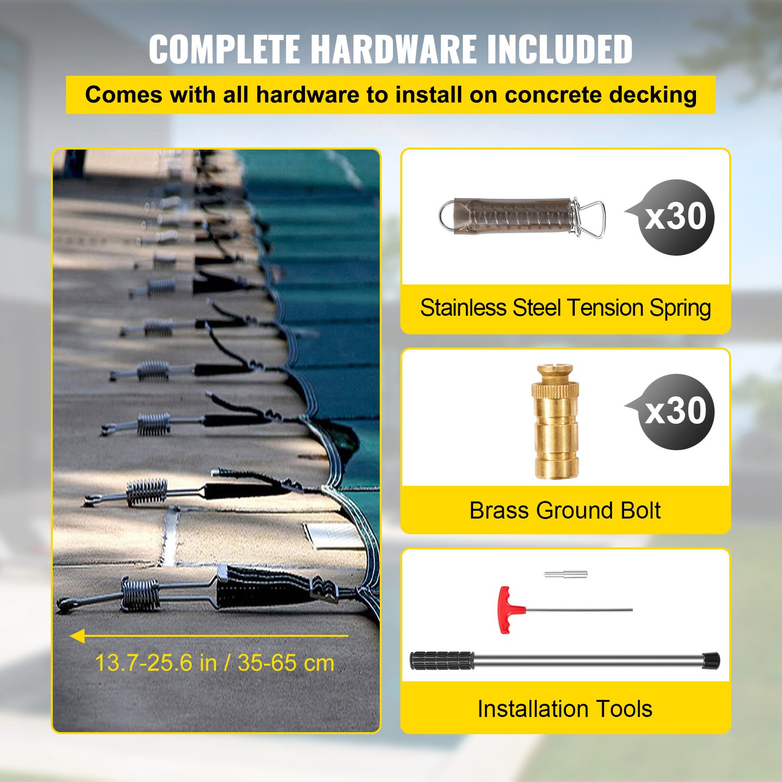 complete hardware for VEVOR pool safety cover includes tension springs, ground bolts, and installation tools.