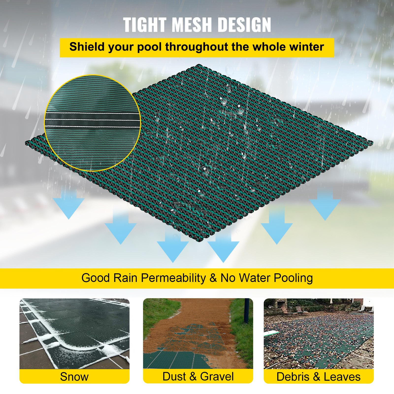 VEVOR pool safety cover with a tight mesh design, shielding pool from snow, dust, gravel, and debris.