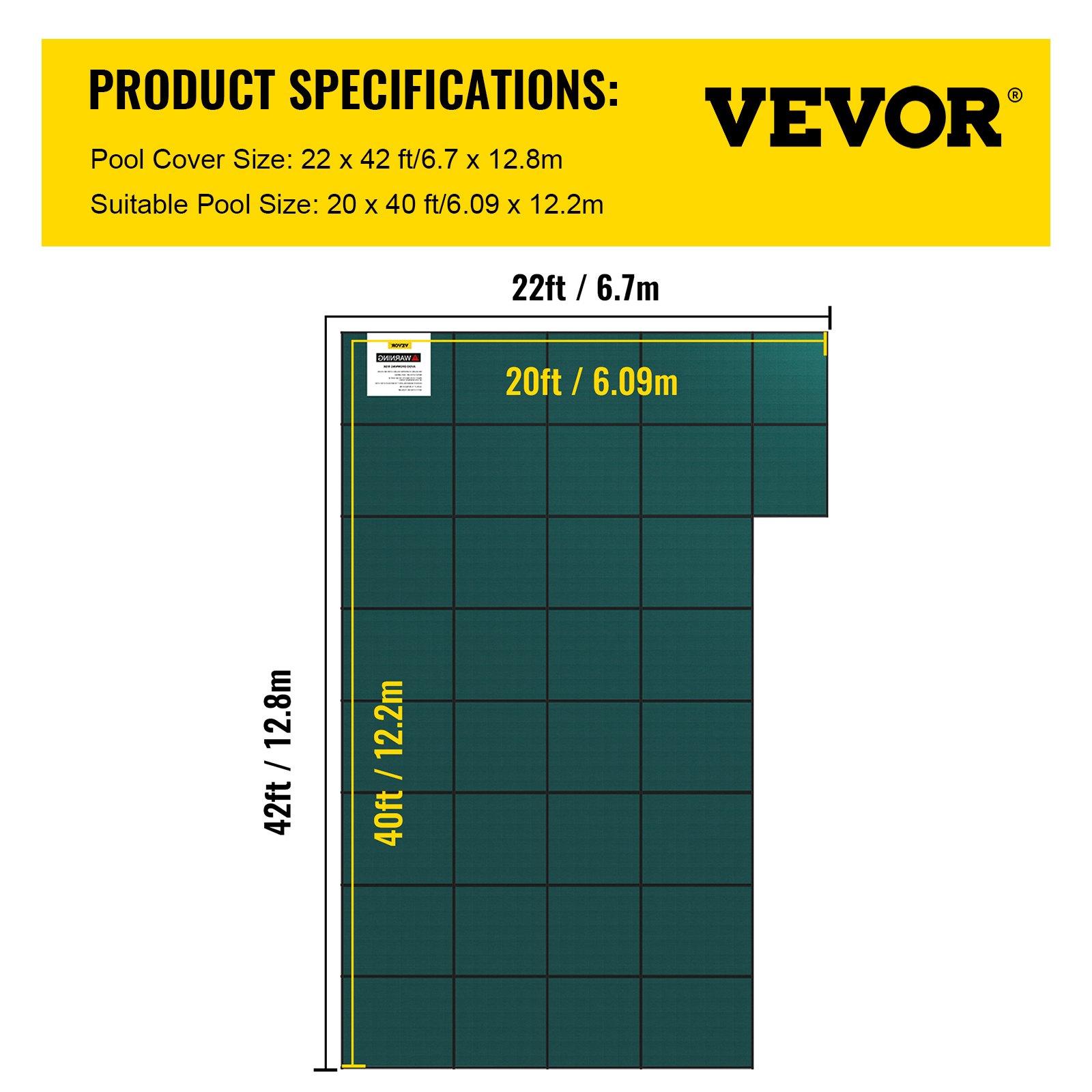 VEVOR pool safety cover dimensions: 22x42ft cover for 20x40ft pool, shown with grid and measurements.