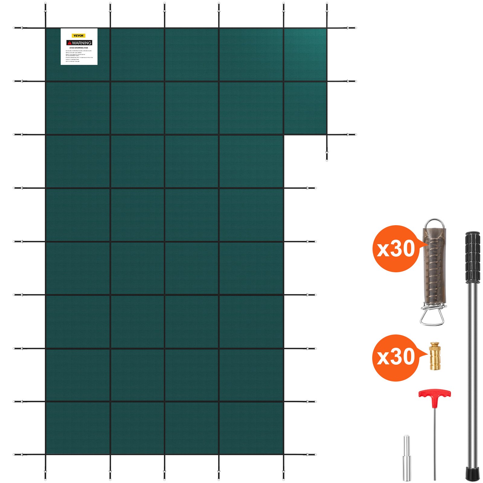 VEVOR pool safety cover with installation hardware kit, including 30 anchors and springs.