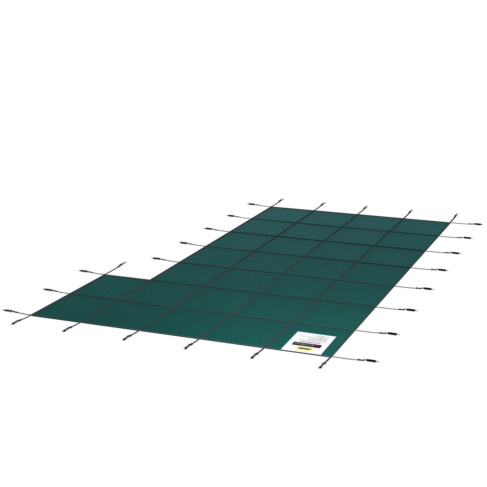 green VEVOR pool safety cover with grid pattern and attached ropes providing secure fit.