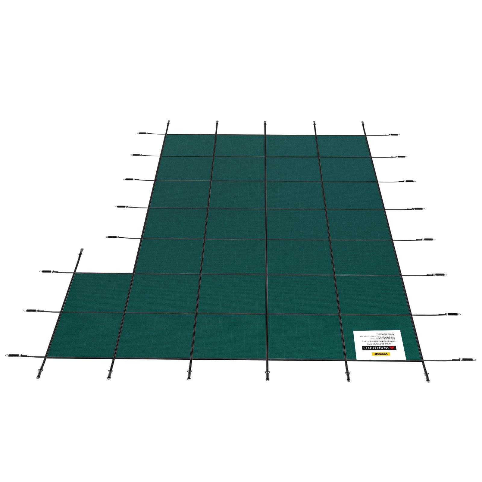 VEVOR pool safety cover in green with secure black straps and warning label.