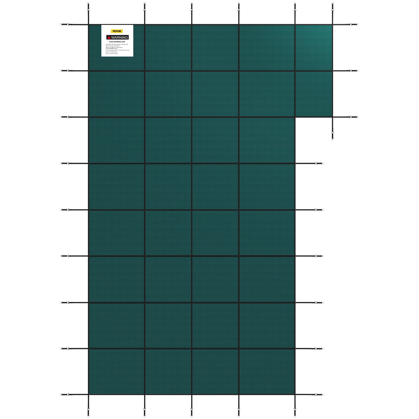 green VEVOR pool safety cover with grid patterns and warning label in the top left corner.