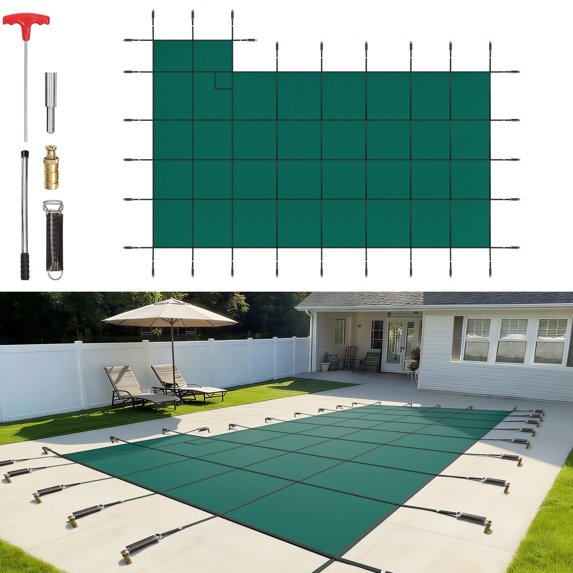 VEVOR Inground Pool Safety Cover, Fits 20 ft x 40 ft Rectangular Winter Pool Cover with Right Step, Triple Stitched, High Strength Mesh PP, Good Rain Permeability, Installation Hardware Included