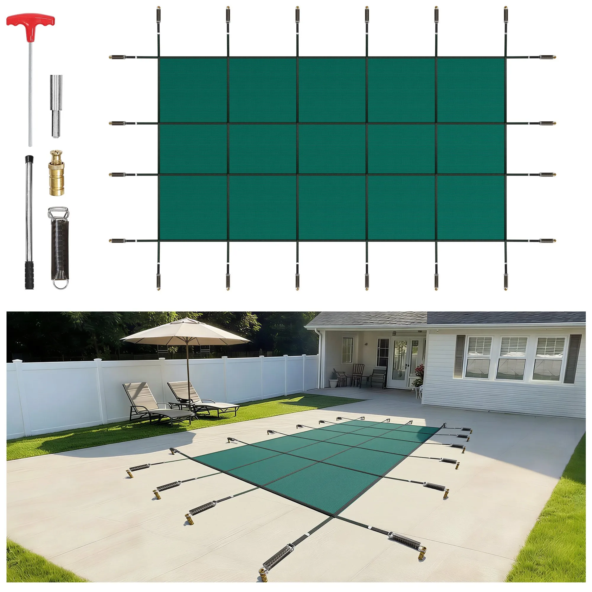 VEVOR Inground Pool Safety Cover, 14 ft x 26 ft Rectangular Winter Pool Cover, Triple Stitched, High Strength Mesh PP Material with Good Rain Permeability, Installation Hardware Included, Green