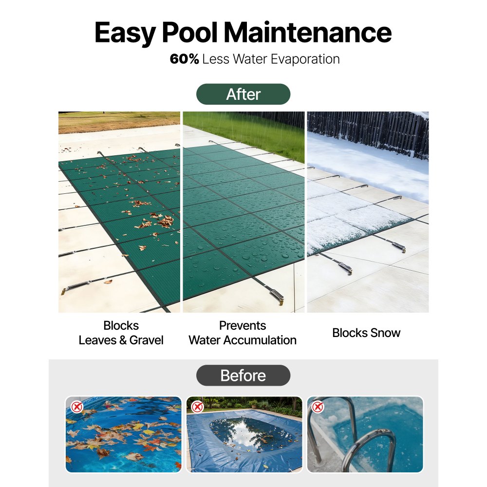 VEVOR Inground Pool Safety Cover, 20 ft x 42 ft Rectangular Winter Pool Cover, Triple Stitched, High Strength Mesh PP Material with Good Rain Permeability, Installation Hardware Included, Green