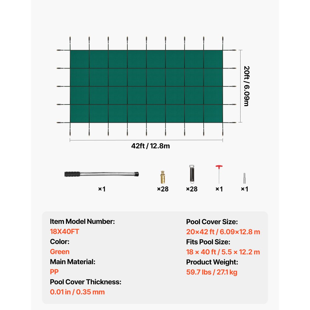 VEVOR Inground Pool Safety Cover, 20 ft x 42 ft Rectangular Winter Pool Cover, Triple Stitched, High Strength Mesh PP Material with Good Rain Permeability, Installation Hardware Included, Green