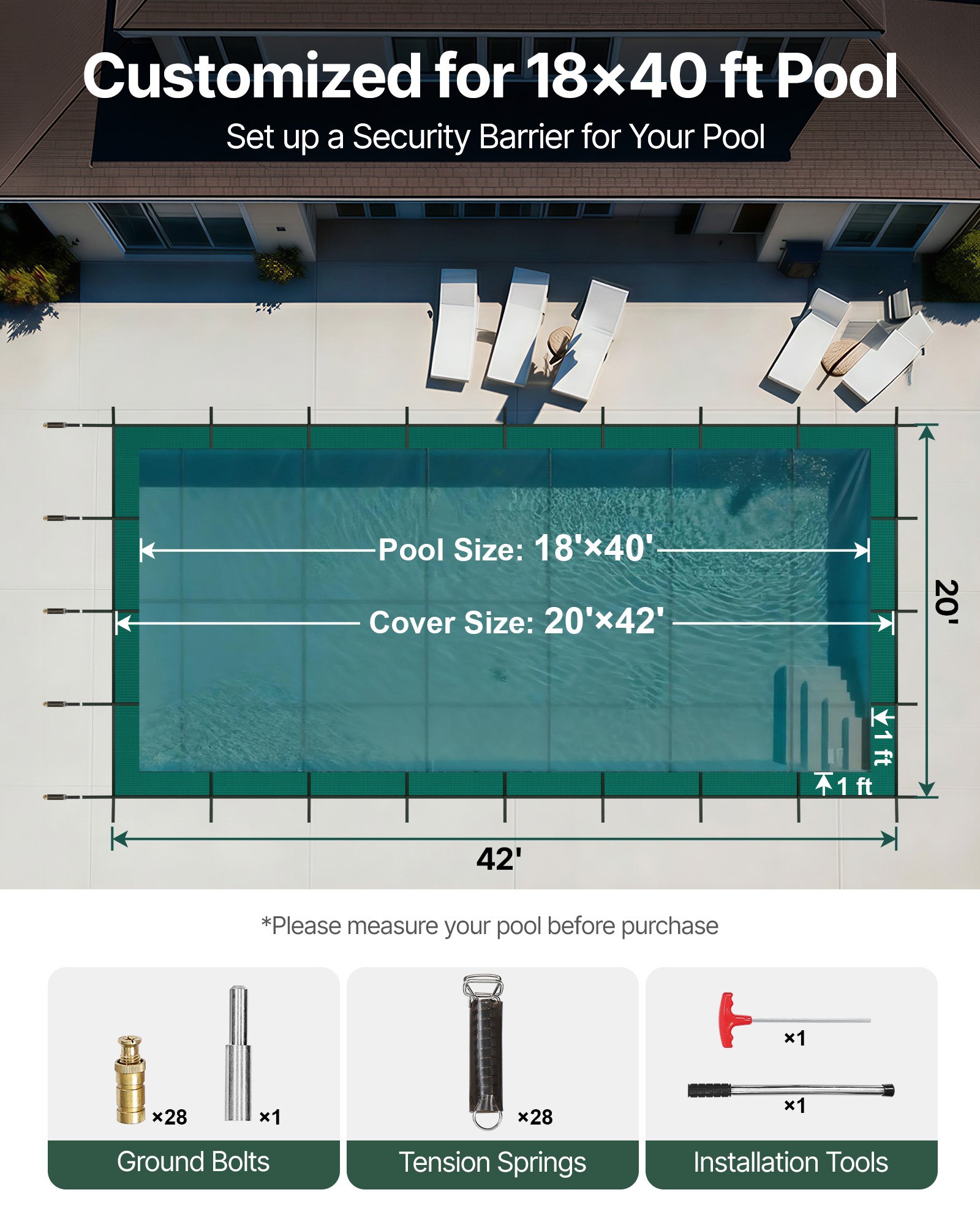 VEVOR Inground Pool Safety Cover, 20 ft x 42 ft Rectangular Winter Pool Cover, Triple Stitched, High Strength Mesh PP Material with Good Rain Permeability, Installation Hardware Included, Green