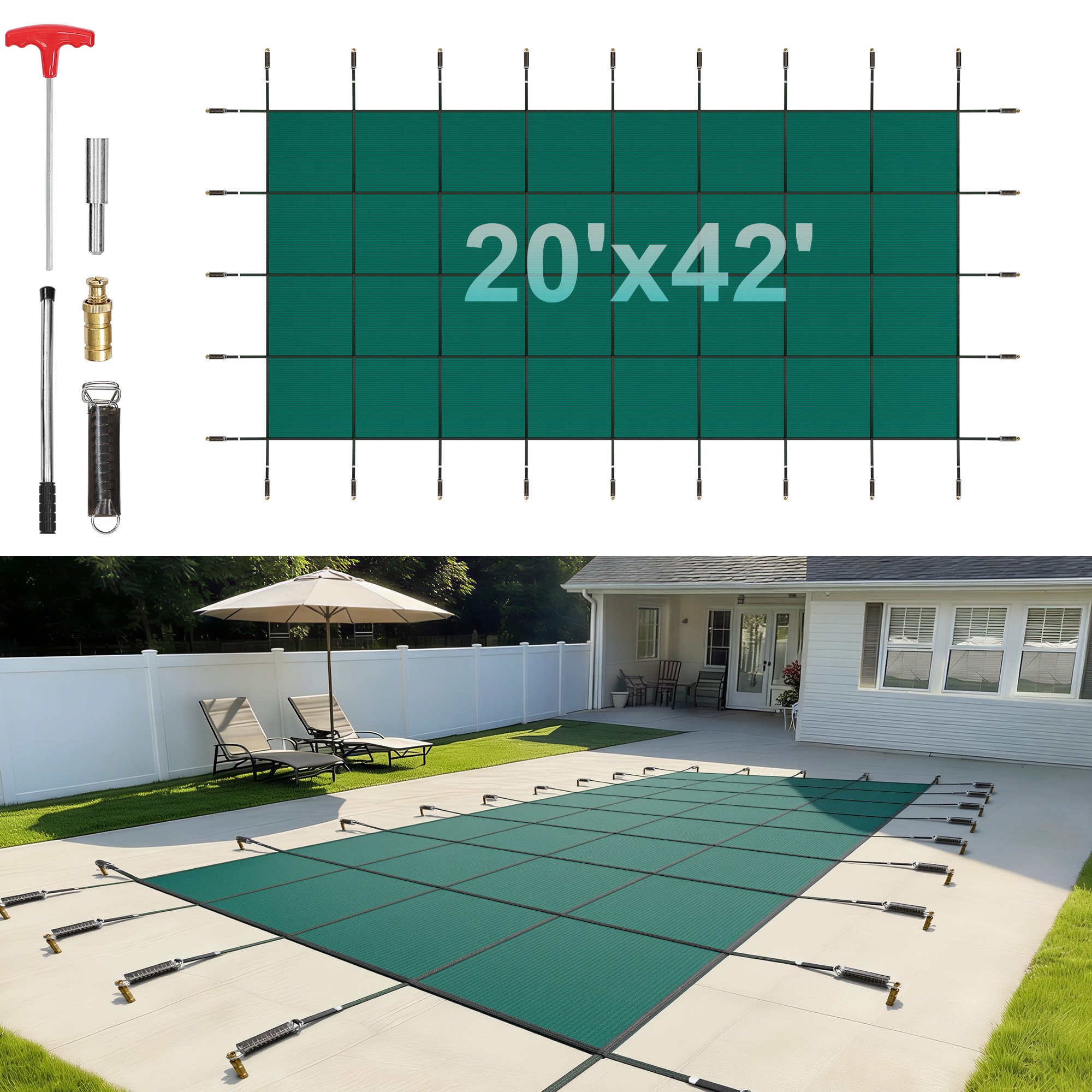 VEVOR Inground Pool Safety Cover, 20 ft x 42 ft Rectangular Winter Pool Cover, Triple Stitched, High Strength Mesh PP Material with Good Rain Permeability, Installation Hardware Included, Green