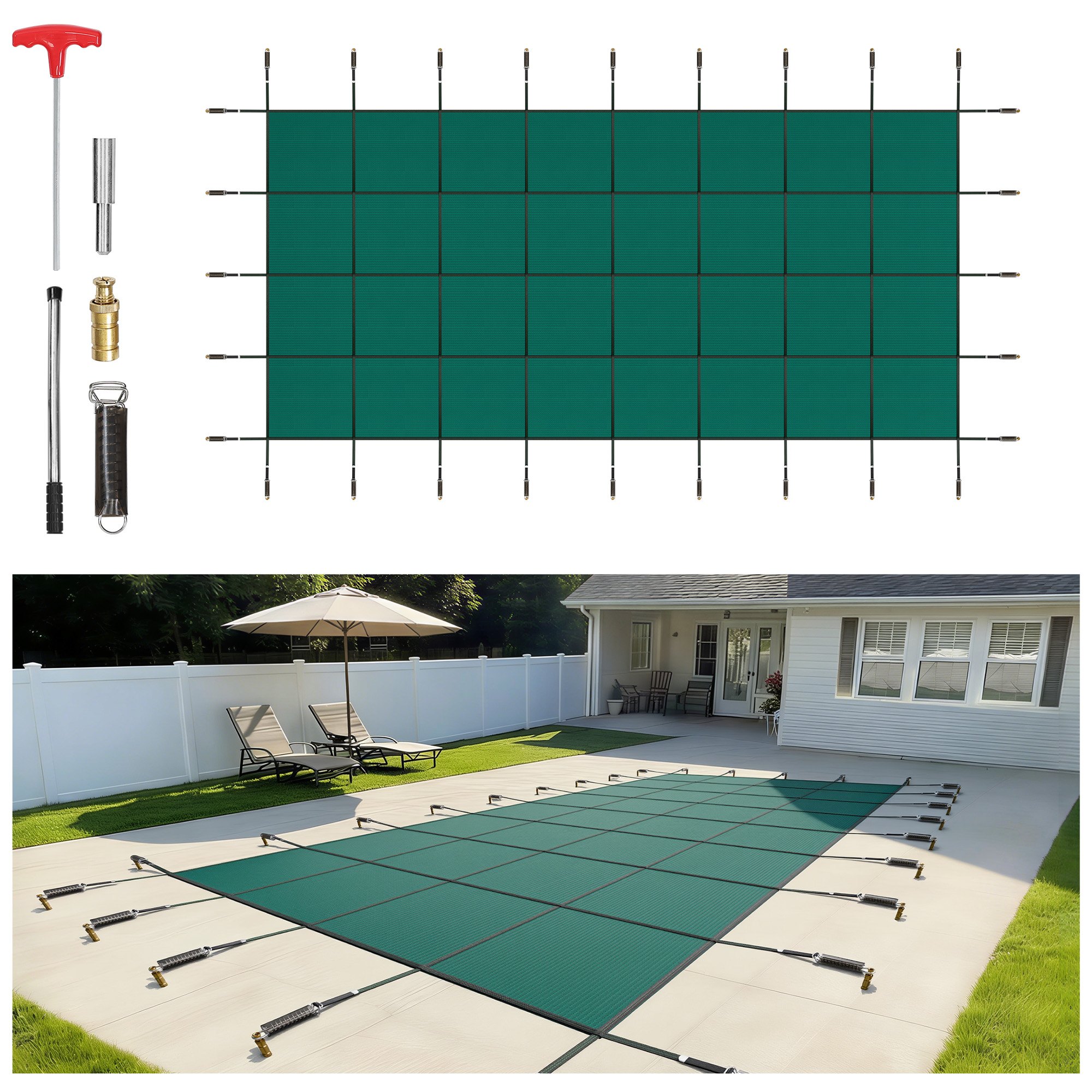 VEVOR Inground Pool Safety Cover, 20 ft x 42 ft Rectangular Winter Pool Cover, Triple Stitched, High Strength Mesh PP Material with Good Rain Permeability, Installation Hardware Included, Green