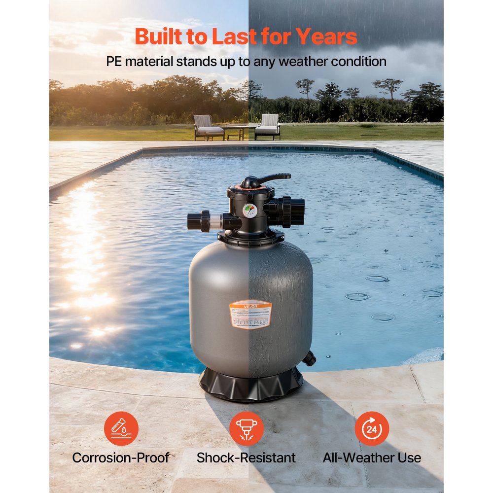 VEVOR Sand Filter, 457.2 mm, 151.4 LPM Above Inground Swimming Pool Sand Filter System, with 7-Way Multi-Port Valve, Backwash, Rinse, Recirculate, Waste, Winter, Closed Modes, for Above In Ground Pool