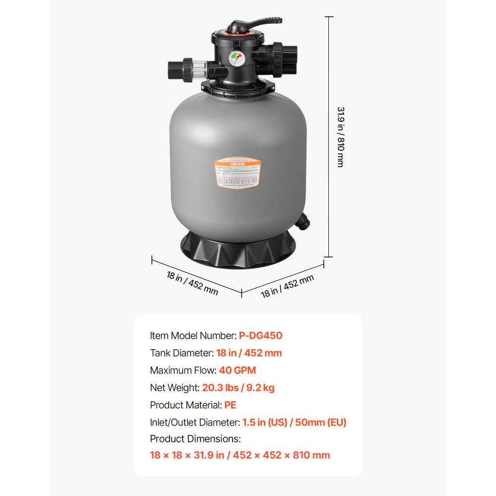 VEVOR Sand Filter, 457.2 mm, 151.4 LPM Above Inground Swimming Pool Sand Filter System, with 7-Way Multi-Port Valve, Backwash, Rinse, Recirculate, Waste, Winter, Closed Modes, for Above In Ground Pool