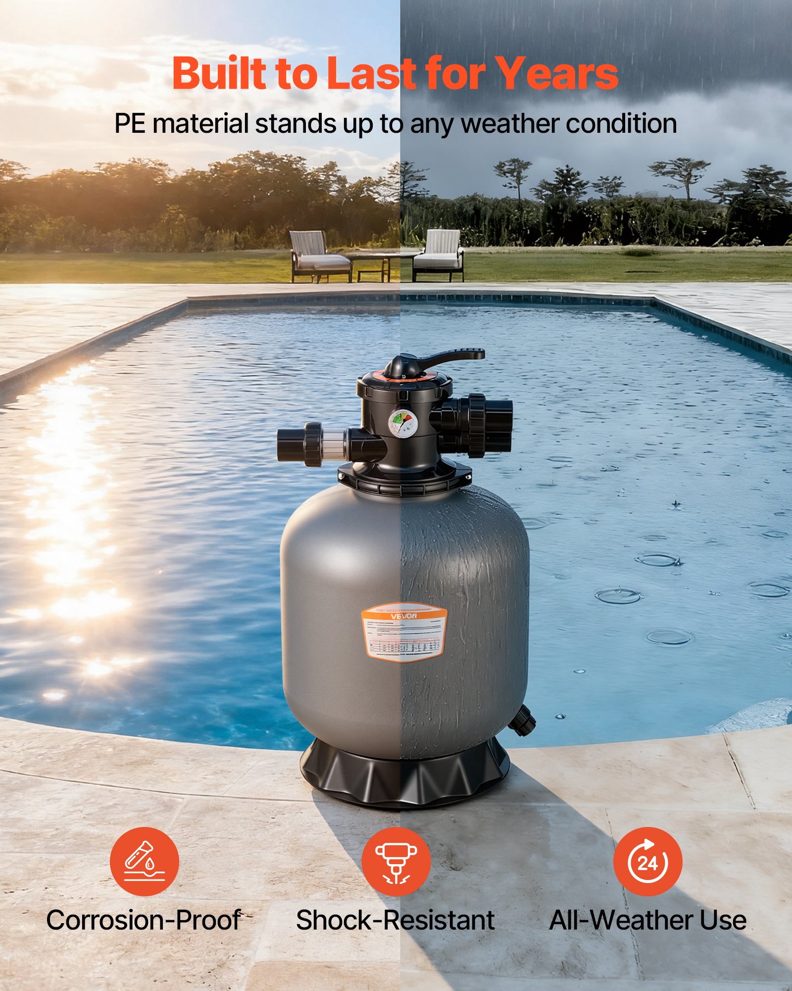 VEVOR Sand Filter, 457.2 mm, 151.4 LPM Above Inground Swimming Pool Sand Filter System, with 7-Way Multi-Port Valve, Backwash, Rinse, Recirculate, Waste, Winter, Closed Modes, for Above In Ground Pool