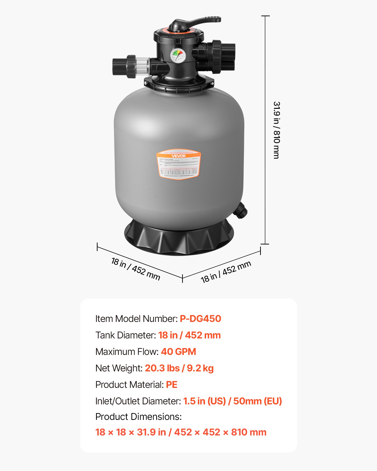 VEVOR Sand Filter, 457.2 mm, 151.4 LPM Above Inground Swimming Pool Sand Filter System, with 7-Way Multi-Port Valve, Backwash, Rinse, Recirculate, Waste, Winter, Closed Modes, for Above In Ground Pool