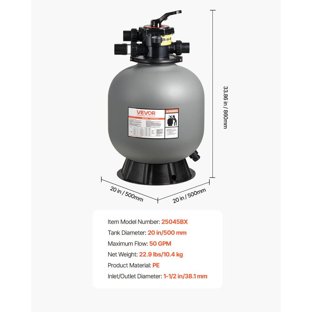 VEVOR Sand Filter, 508 mm, 189.3 LPM Above Inground Swimming Pool Sand Filter System, with 7-Way Multi-Port Valve, Backwash, Rinse, Recirculate, Waste, Winter, Closed Modes, for Above In Ground Pools