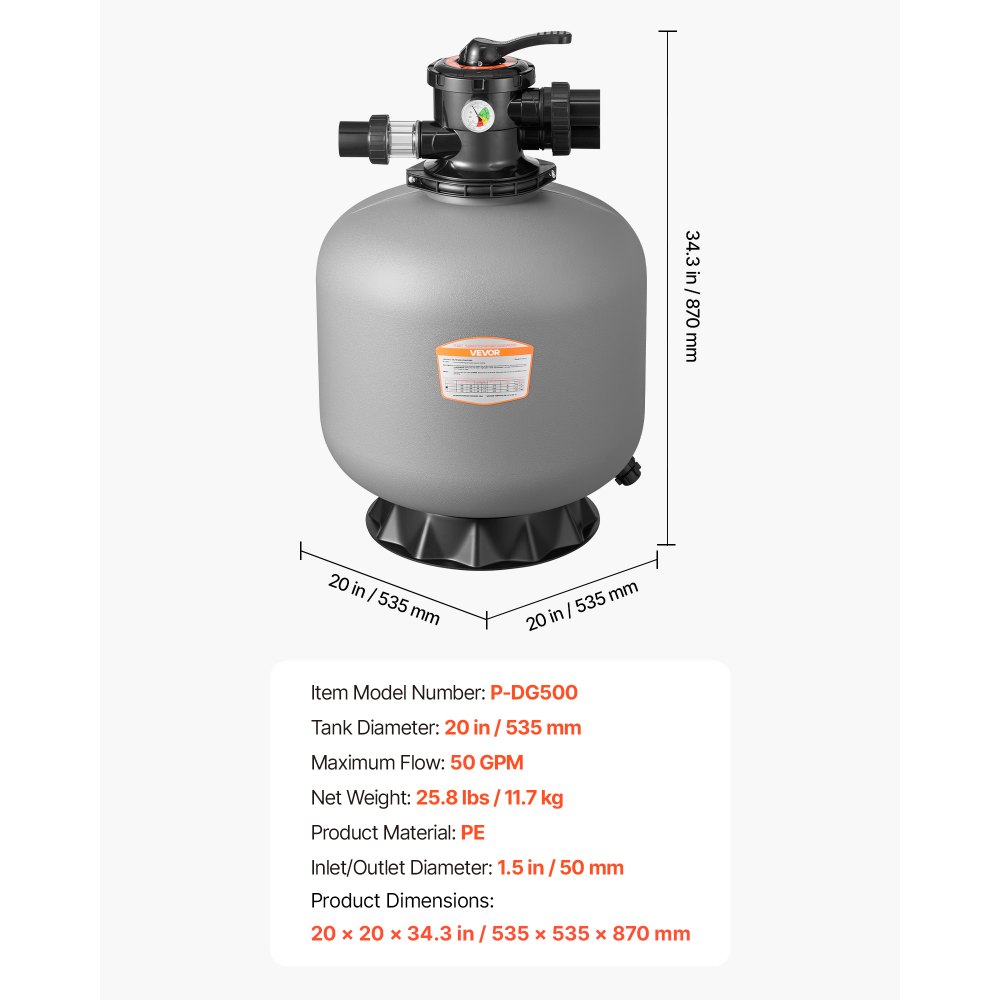 VEVOR Sand Filter, 508 mm, 189.3 LPM Above Inground Swimming Pool Sand Filter System, with 7-Way Multi-Port Valve, Backwash, Rinse, Recirculate, Waste, Winter, Closed Modes, for Above In Ground Pools