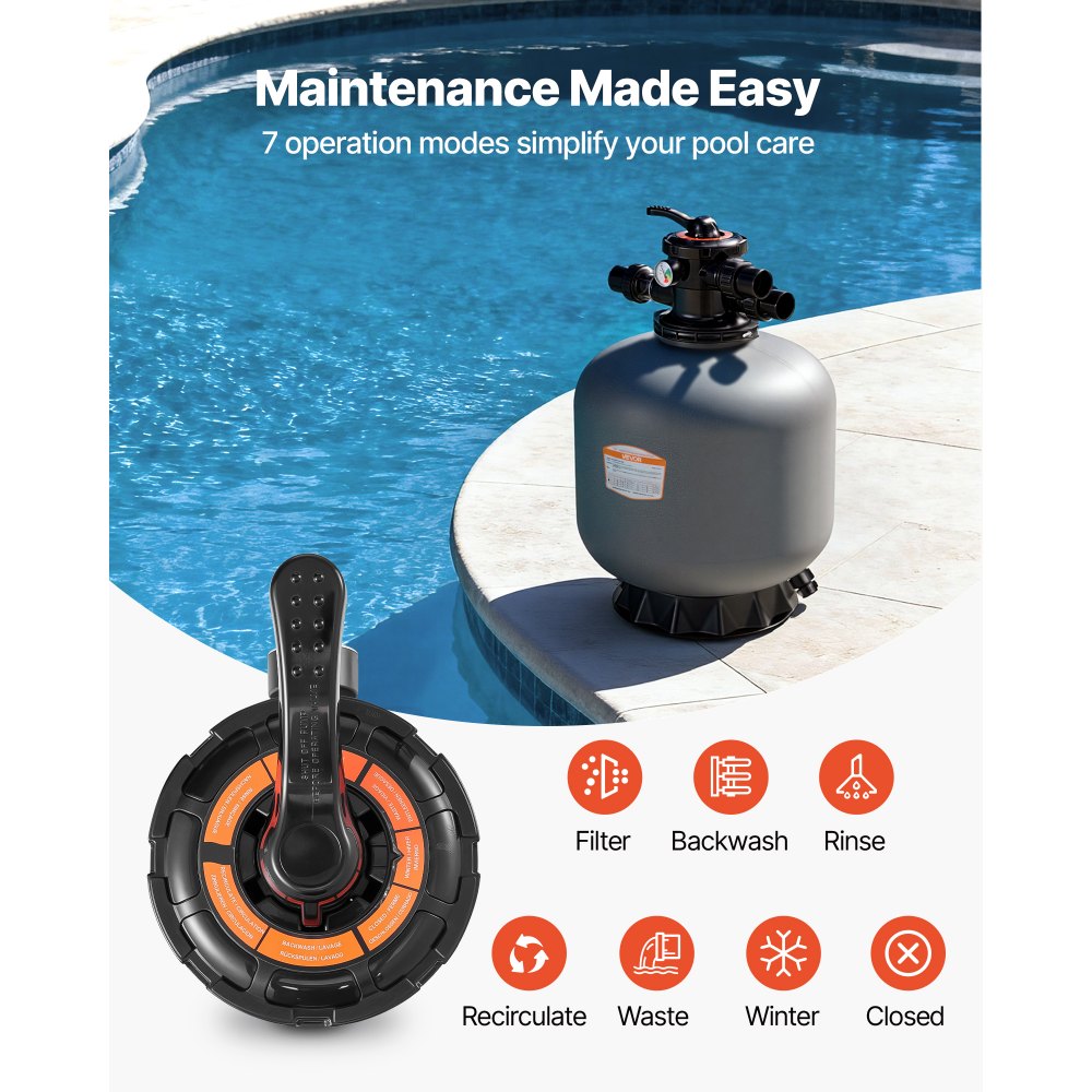 VEVOR Sand Filter, 508 mm, 189.3 LPM Above Inground Swimming Pool Sand Filter System, with 7-Way Multi-Port Valve, Backwash, Rinse, Recirculate, Waste, Winter, Closed Modes, for Above In Ground Pools
